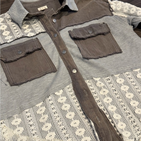 POL Oversized Contrast Lace Crochet Button Down Shirt Women’s Boho Casual Top - Picture 2 of 6